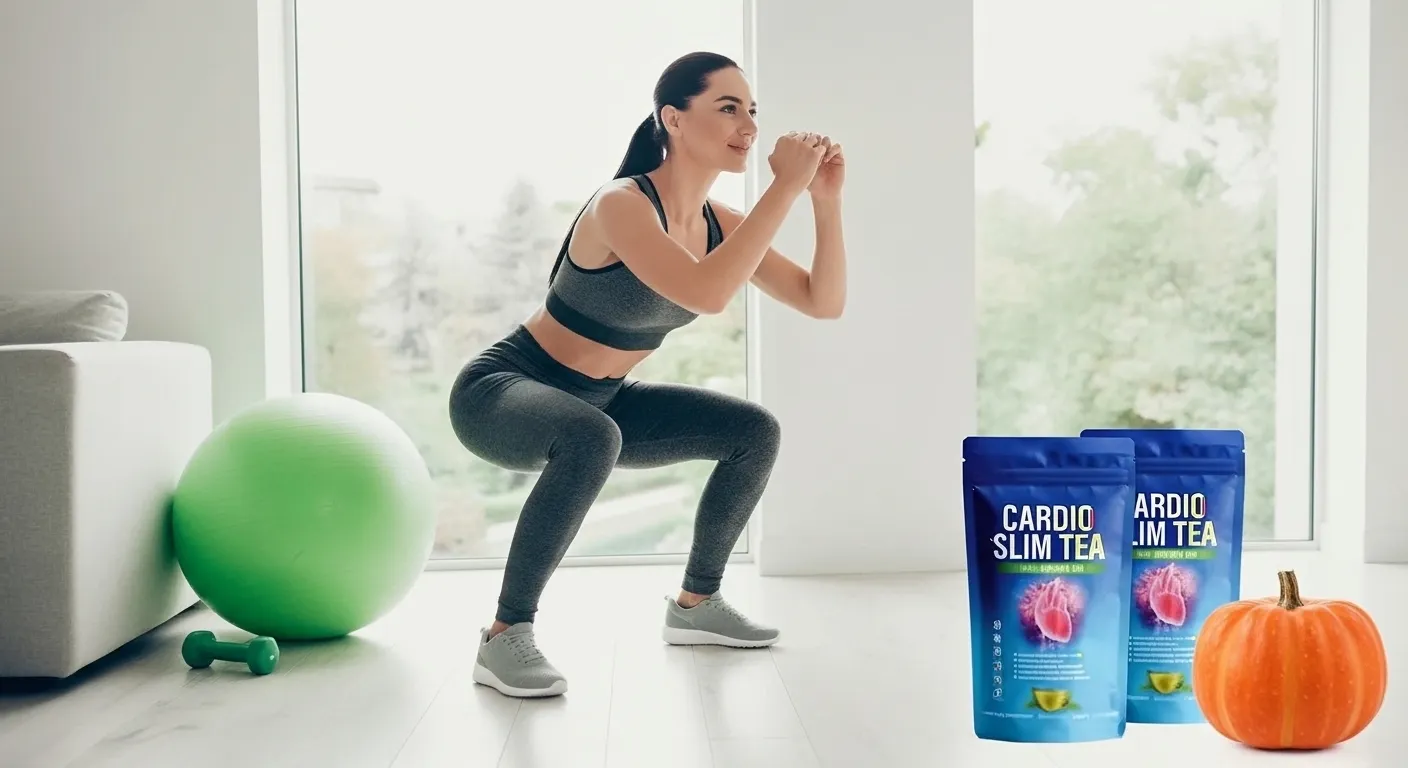 Fit woman exercising next to Cardio Slim Tea bags and a pumpkin.