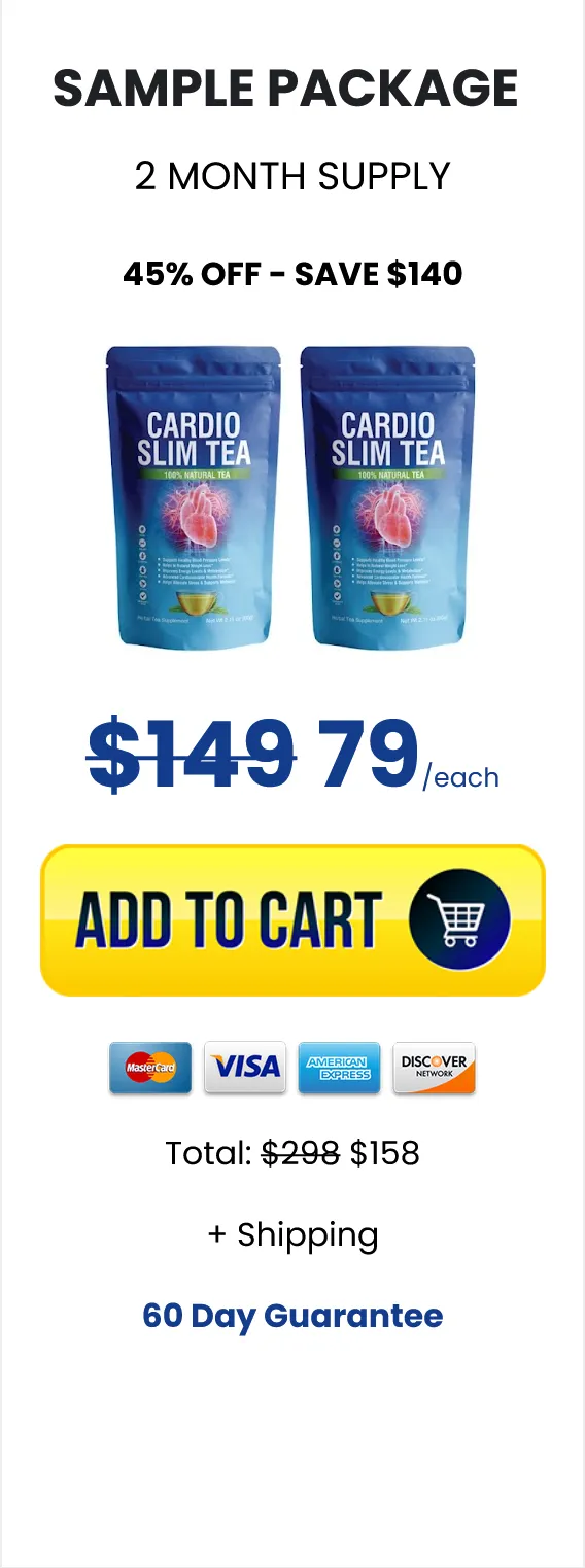 A promotional graphic for a Cardio Slim Tea trial package offering two bottles for a 2-month supply at seventy-nine dollars per  two Pkt.