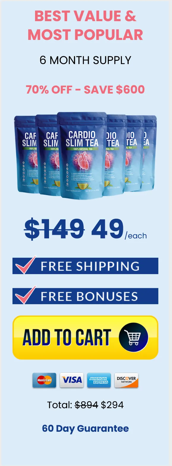 A promotional graphic for a Cardio Slim Tea trial package offering two bottles for a 6-month supply at forty-nine dollars per Pkt.