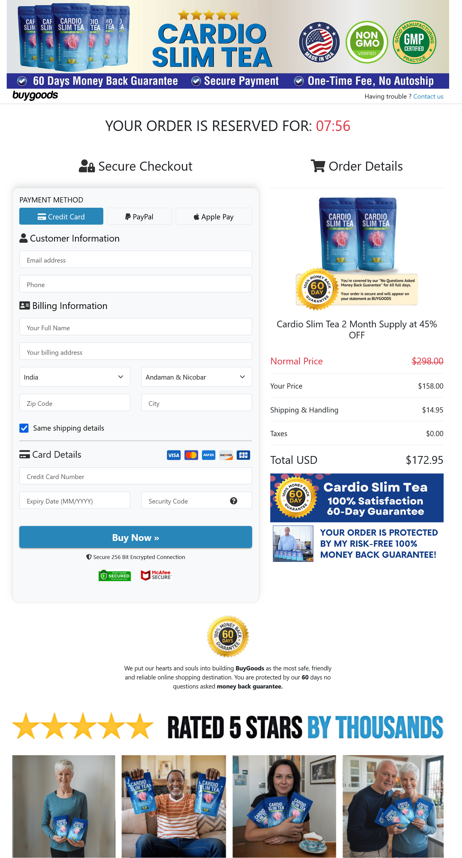 Cardio Slim Tea secure checkout page showing a 180-day money-back guarantee and FDA-approved facility icons.