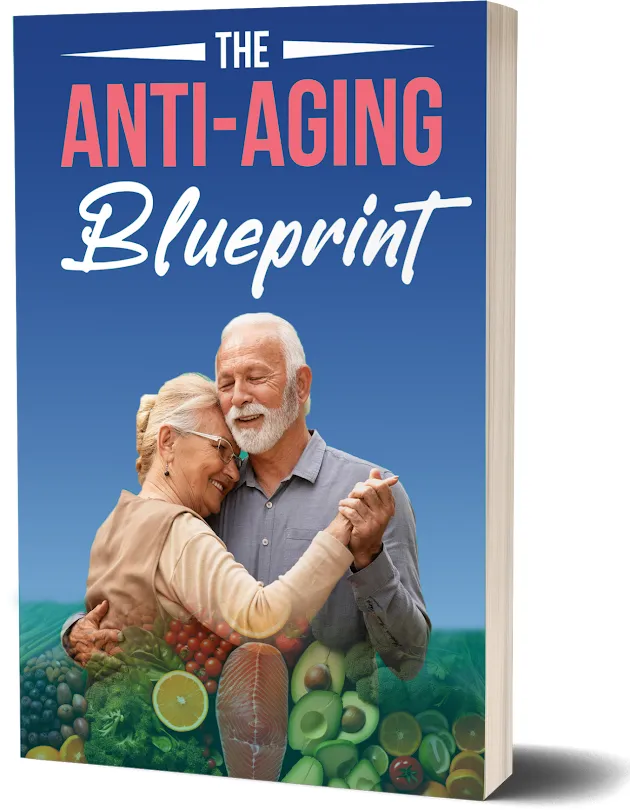 The Anti-Aging Blueprint book cover featuring a happy senior couple dancing.